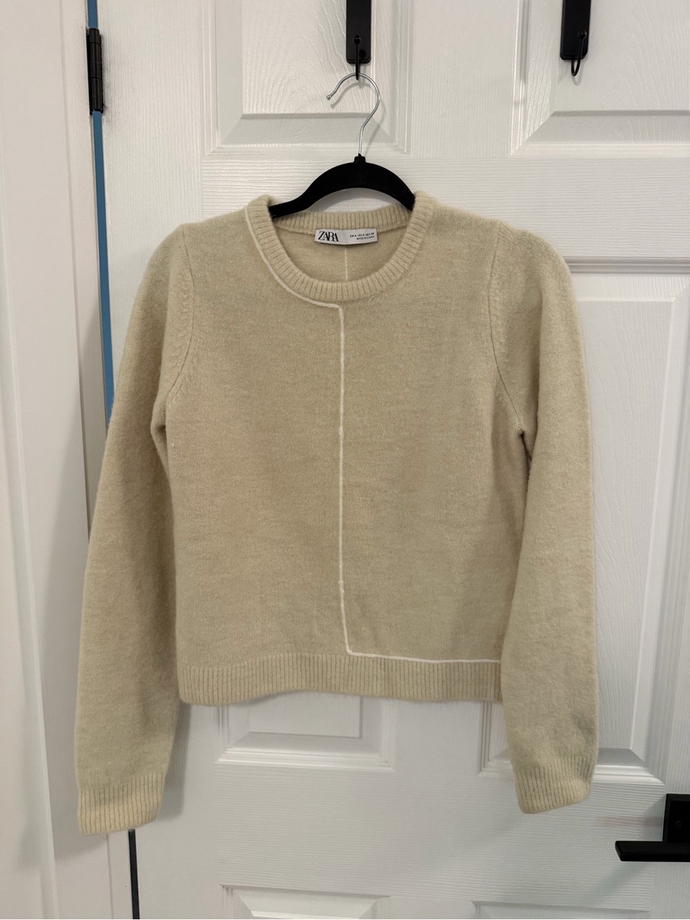 Zara Beige Crewneck Sweater with Contrast Stitch